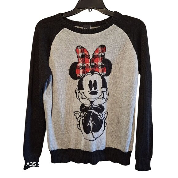 Disney Minnie Mouse Black & Gray Raglan Knit Sweater With Red Plaid Bow Womens M - Picture 1 of 6
